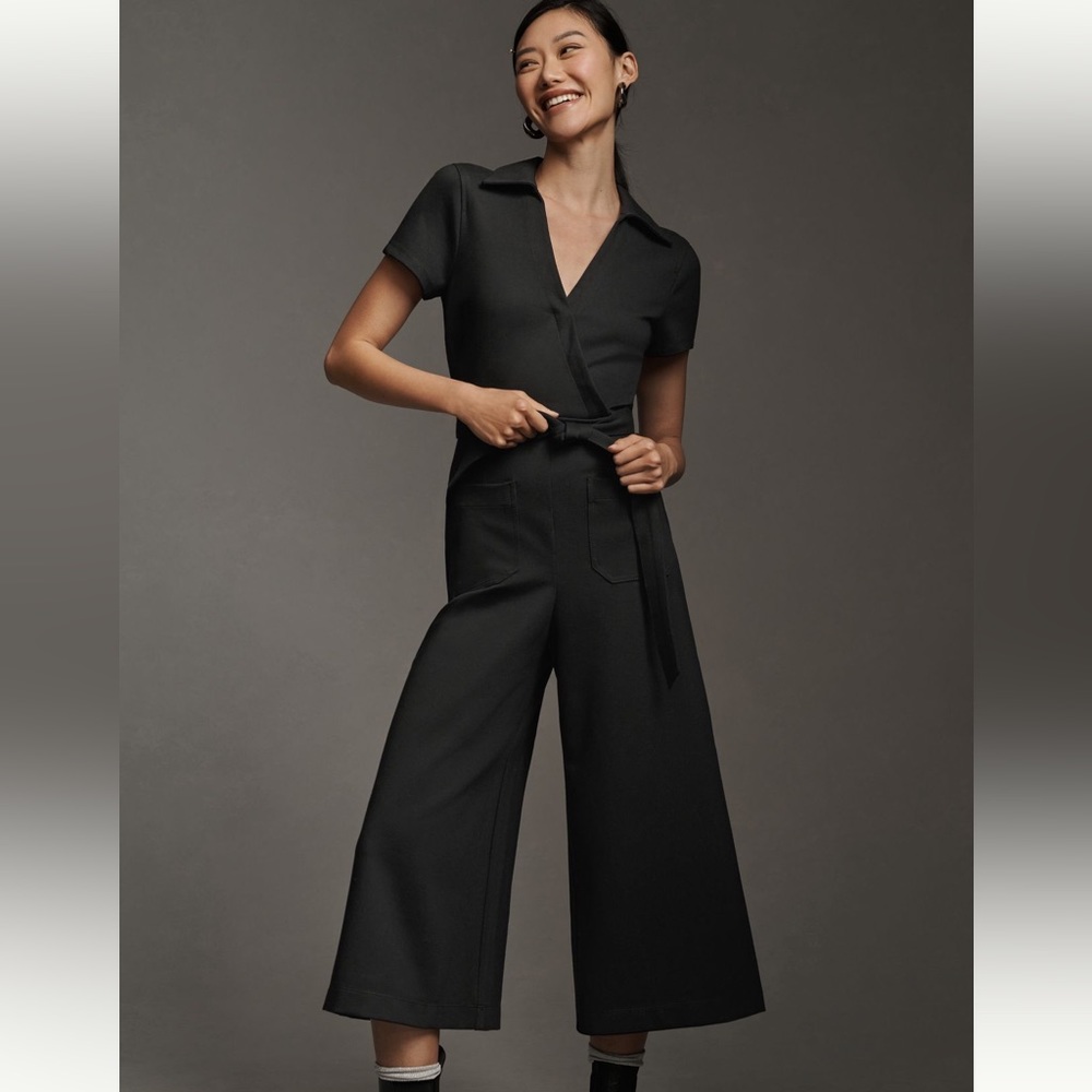 NWT Women's Maeve by Anthropologie Wrapped Culotte Ponte Jumpsuit in Black